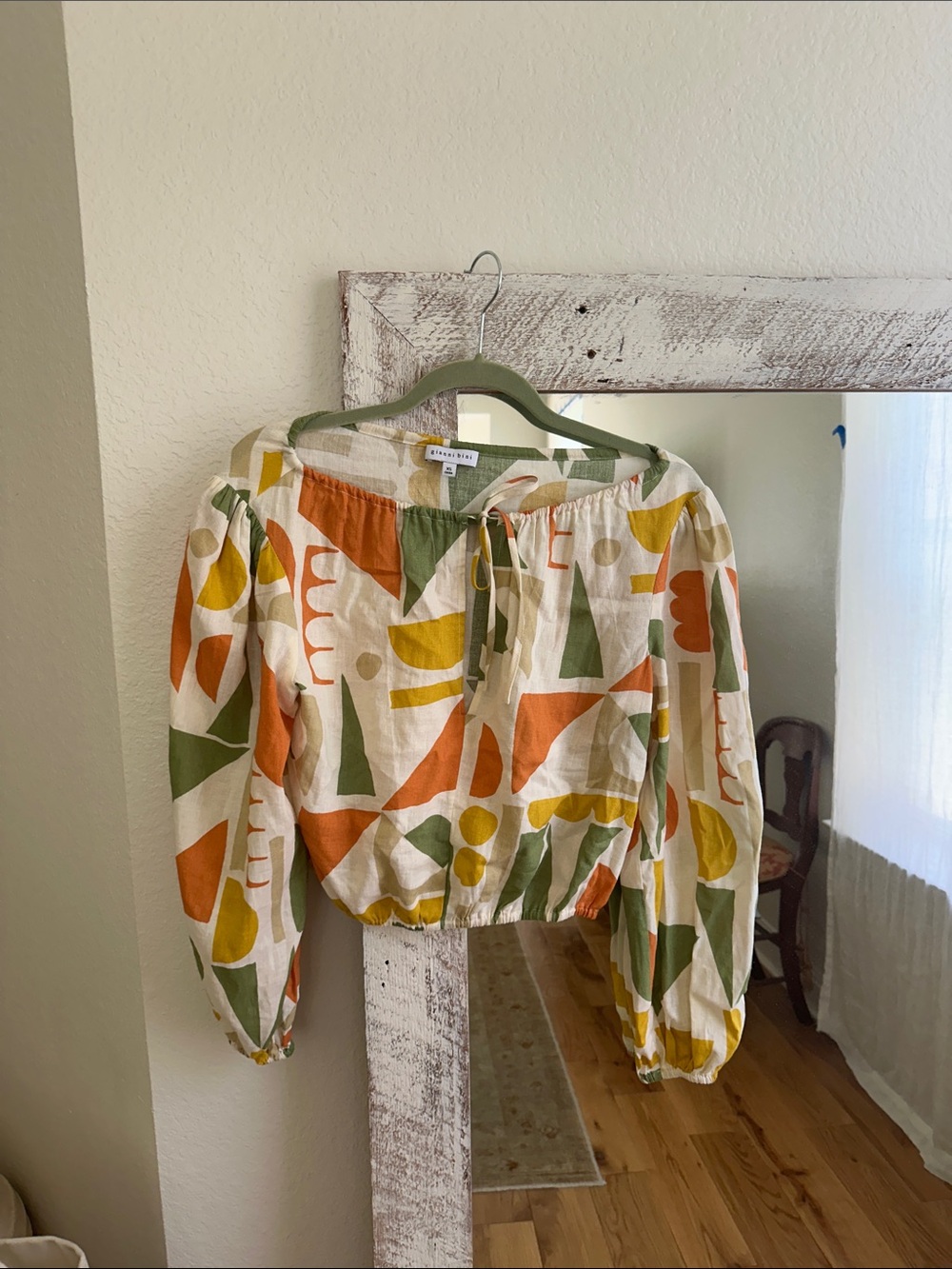 Gianna  Binni Cotton Peasant Top with Abstract Print in Mustard, Olive & Rust